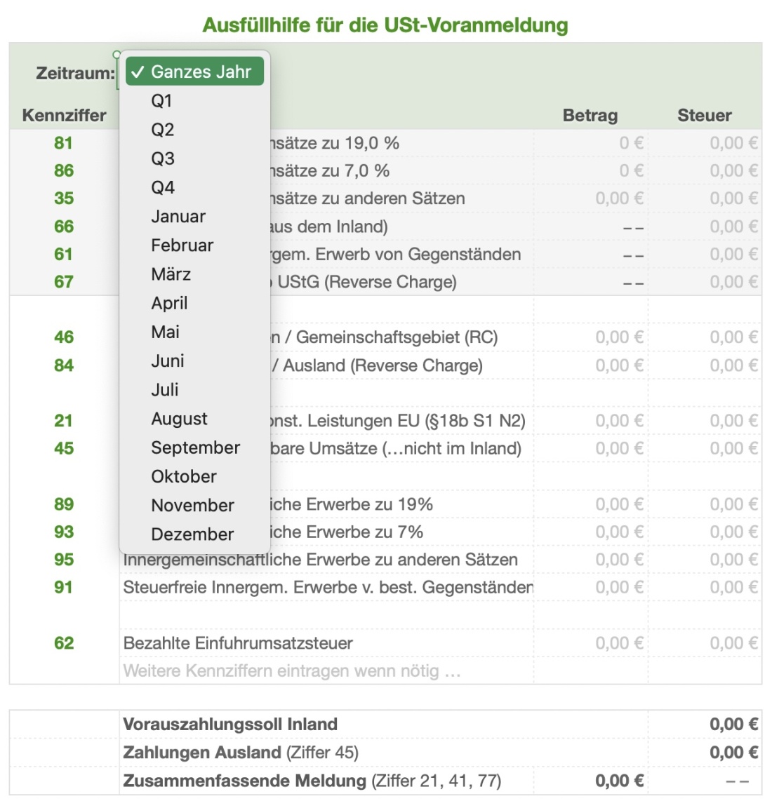 Vorlage Einnahmen-Überschuss-Rechnung 2025 für Mac und iPad Ausfüllhilfe Umsatzsteuer dropdown