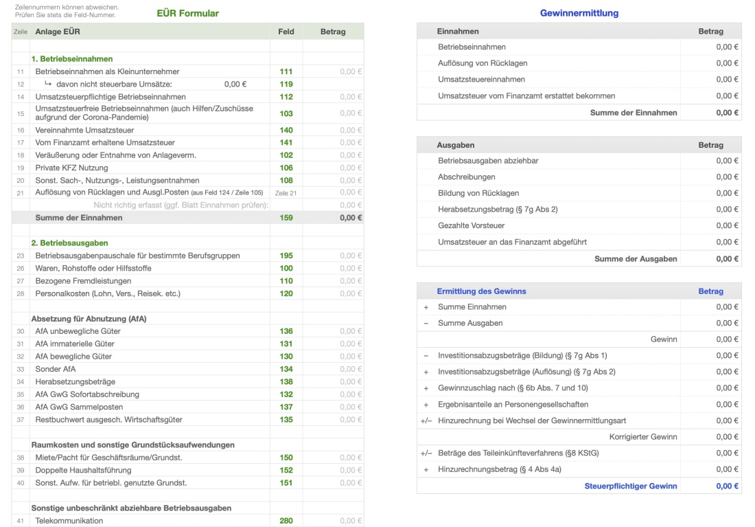 Numbers Vorlage EÜR 2025 Formular Anlage-EÜR