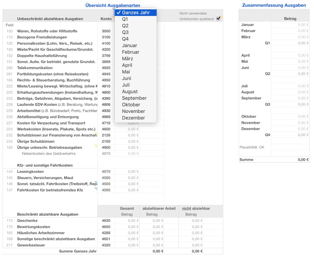 Numbers Vorlage Einnahmen-Überschuss-Rechnung 2025 ohne USt Ausgaben Übersicht