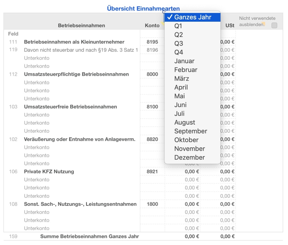 Vorlage Einnahmen-Überschuss-Rechnung 2025 für Mac und iPad Übersicht Einnahmen Dropdown