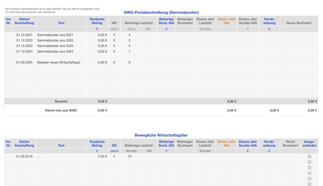 Numbers Vorlage Einnahmen-Überschuss-Rechnung 2025 ohne USt Abschreibungen Eingabetabelle