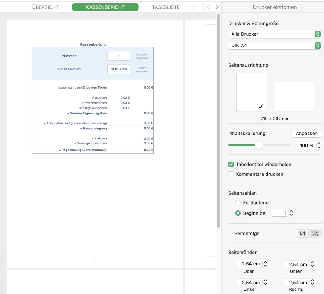 Numbers Vorlage Kassenbuch ohne USt 2025 Kassenbericht ausdrucken