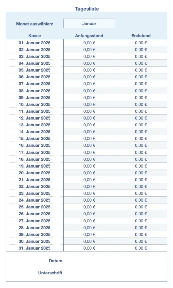 Numbers Vorlage Kassenbuch ohne USt 2025 Tagesliste erstellen