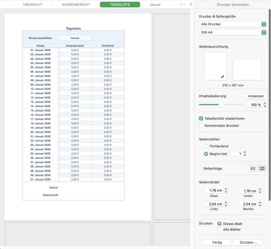 Numbers Vorlage Kassenbuch mit USt 2026 Kassenbericht ausdrucken