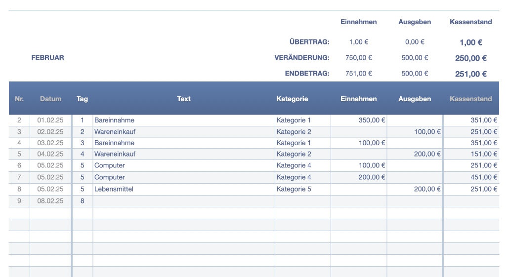 Numbers Vorlage Kassenbuch ohne USt 2025 Eingabe