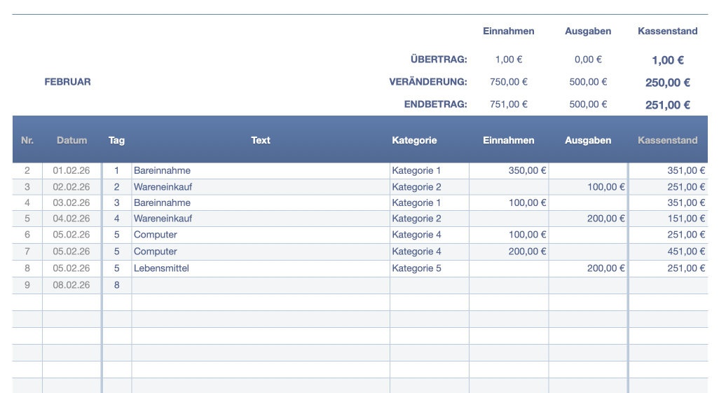 Numbers Vorlage Kassenbuch ohne USt 2026 Eingabe