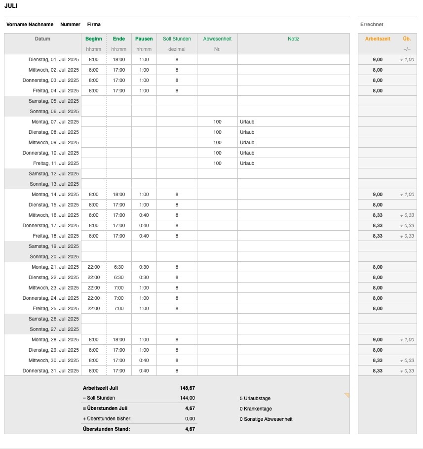 Numbers Vorlage Zeiterfassung Arbeitszeiterfassung Tabelle 2025