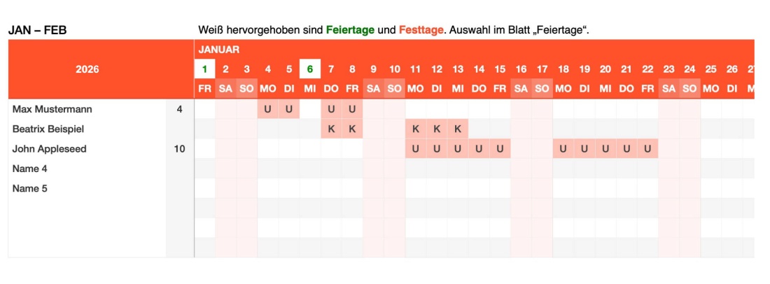 Numbers Vorlage Urlaubsplaner 2026 Eingabe-Ansicht