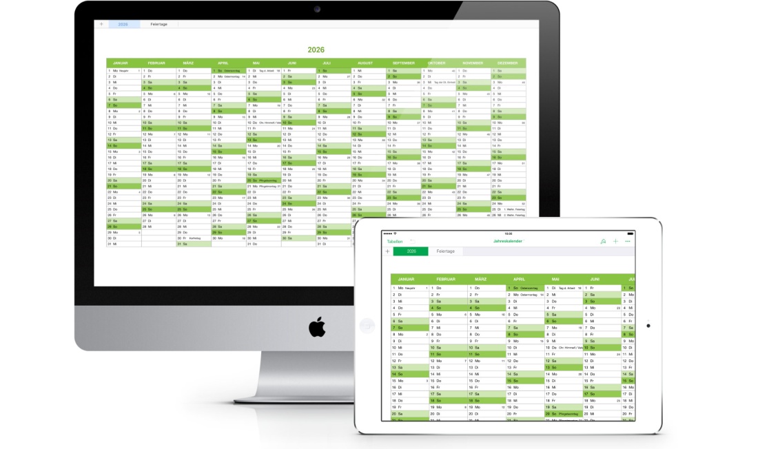 Numbers Vorlage Kalender 2026 für Mac und iPad
