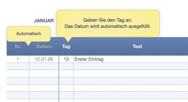Numbers Vorlage Kassenbuch ohne USt 2026 Datum
