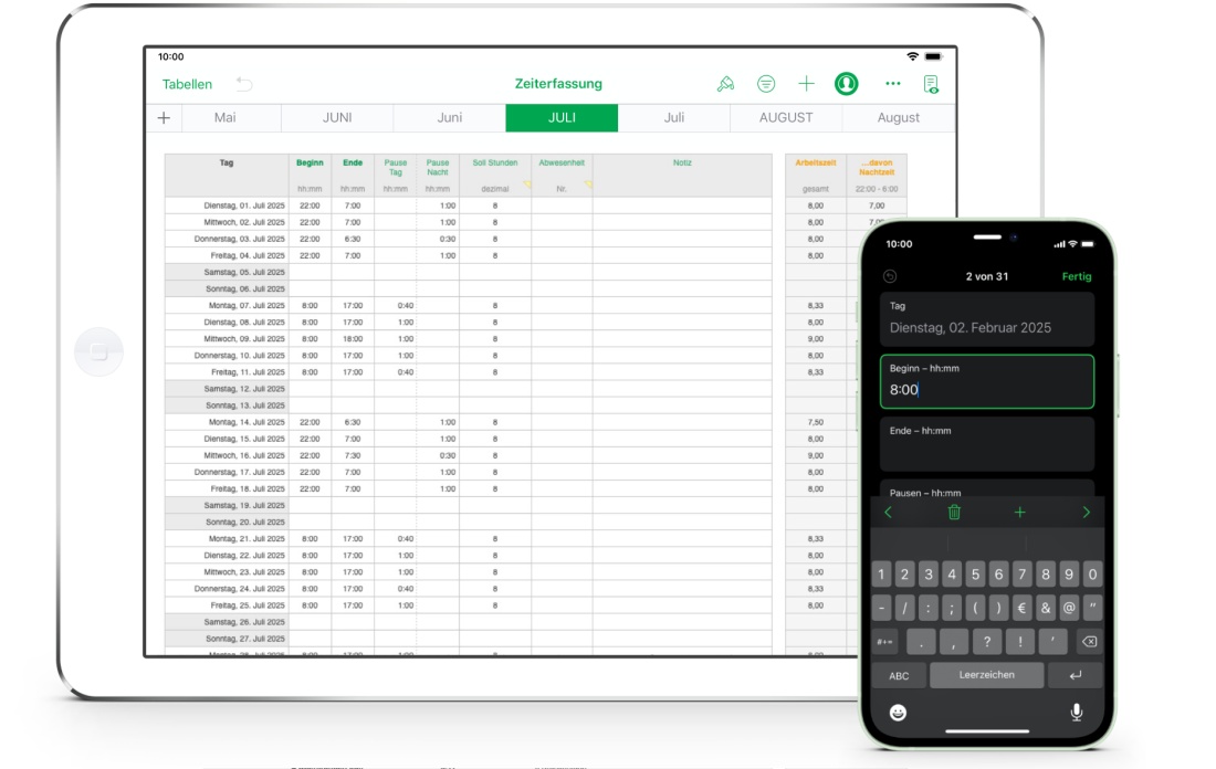 Numbers Vorlage Arbeitszeiterfassung mit Nachtschicht 2025 für iPad und iPhone