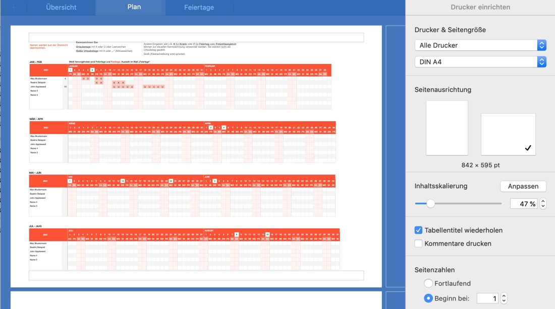 Numbers Vorlage Urlaubsplaner 2025 Druckansicht