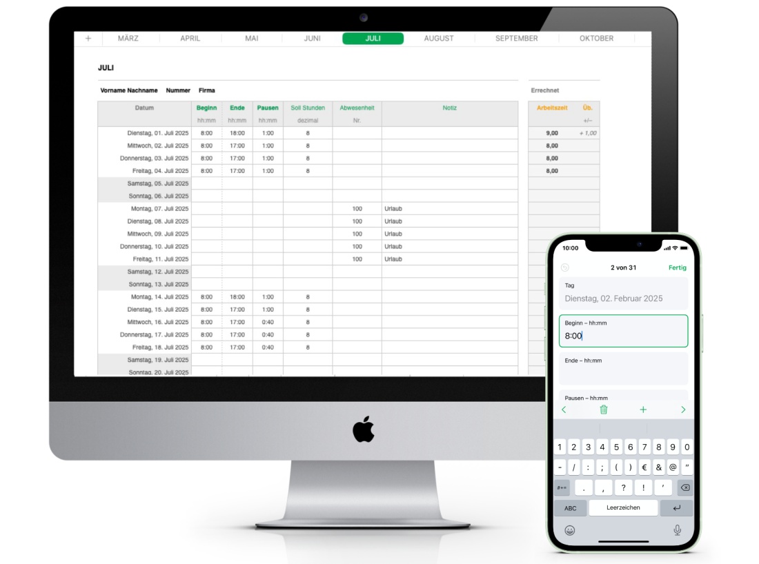 Numbers Vorlage Zeiterfassung Arbeitszeiterfassung Mac und iPhone 2025