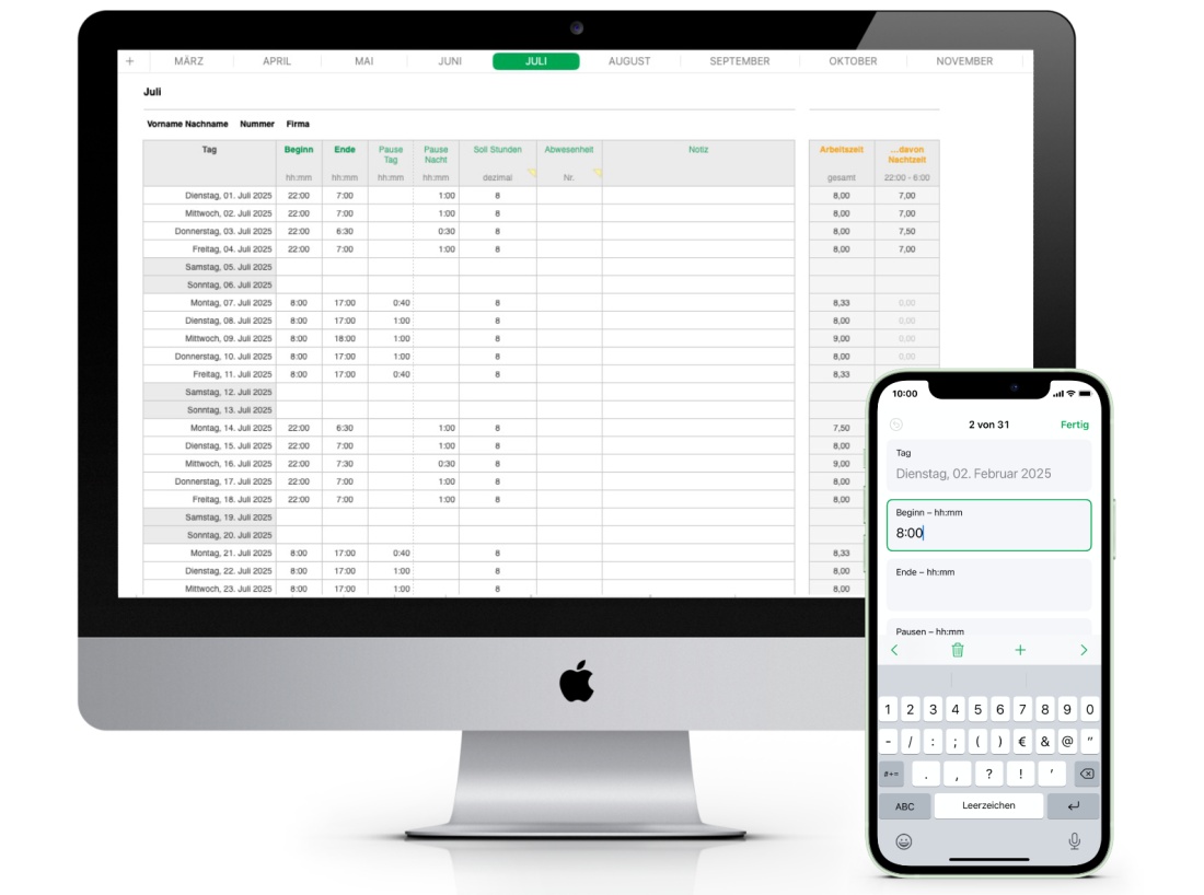 Numbers Vorlage Arbeitszeiterfassung mit Nachtschicht 2025 für Mac