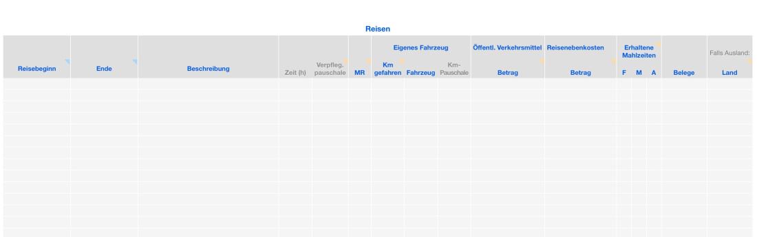 Numbers Vorlage Einnahmen-Überschuss-Rechnung 2026 ohne USt Reisekosten