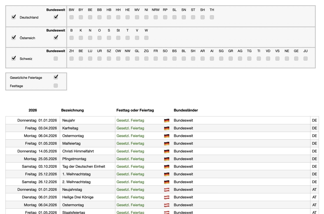 Numbers Vorlage Urlaubsplaner 2026 Feiertage Deutschland Österreich Schweiz