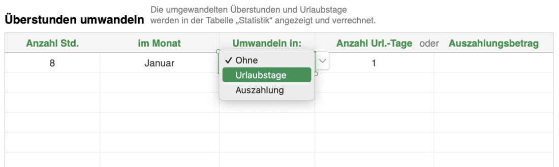 Numbers Vorlage Zeiterfassung Arbeitszeiterfassung Überstunden umwandeln 2025