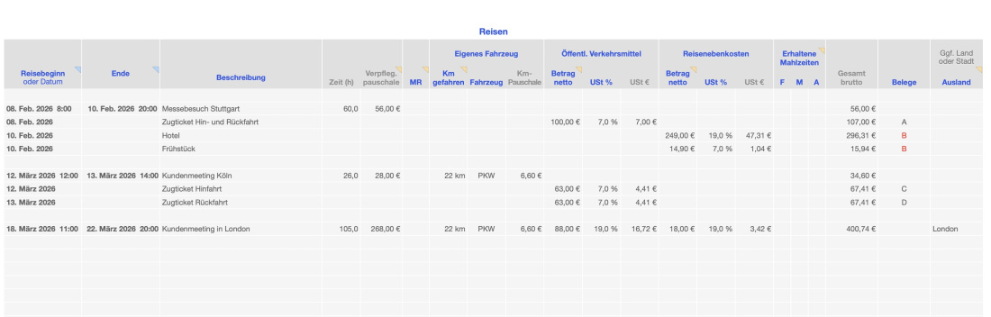 Einnahmen-Überschuss-Rechnung 2026 mit USt Reisekosten Eingabe