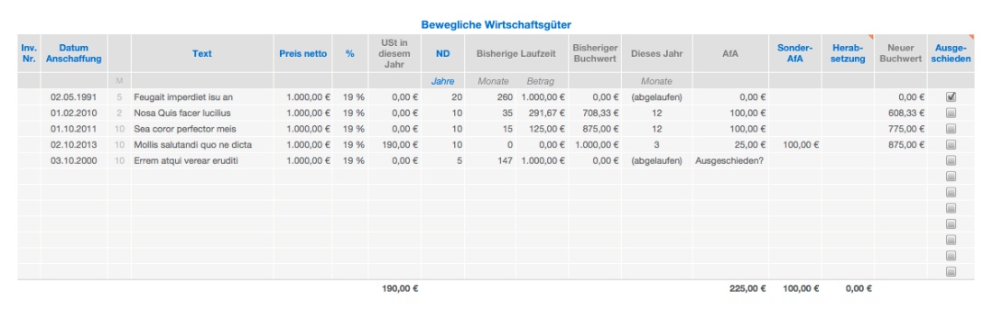 Vorlage Einnahmen-Überschuss-Rechnung 2014 für Mac und iPad Abschreibungen Liste Bewegliche Wirtschaftsgüter