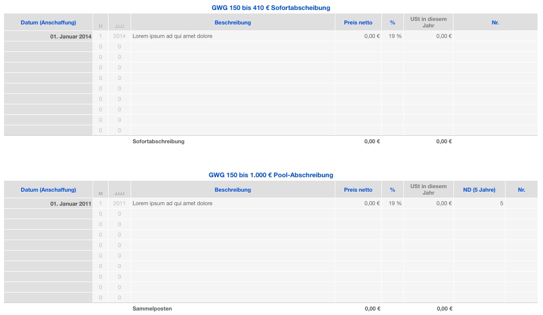 Vorlage Einnahmen-Überschuss-Rechnung 2014 für Mac und iPad Abschreibungen Liste