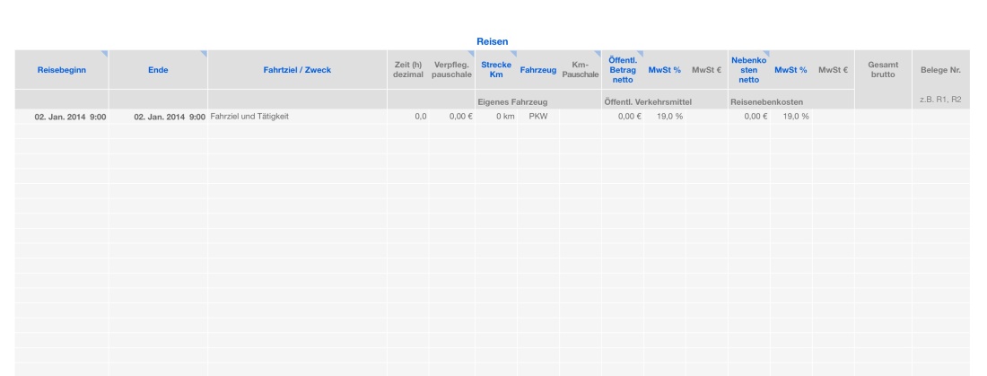Vorlage Einnahmen-Überschuss-Rechnung 2014 für Mac und iPad Reisen Liste und Übersicht