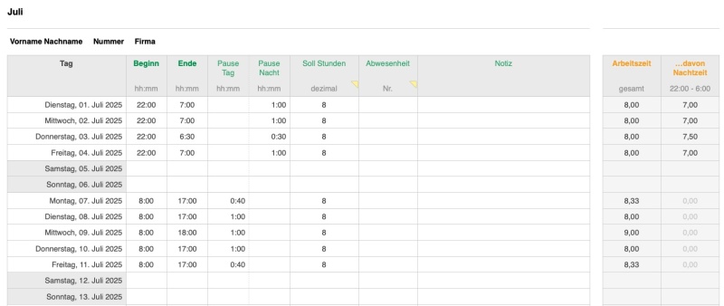 Numbers Vorlage Zeiterfassung 2025