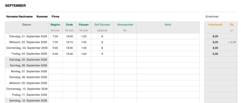 Numbers Vorlage Zeiterfassung Schuljahr 2026
